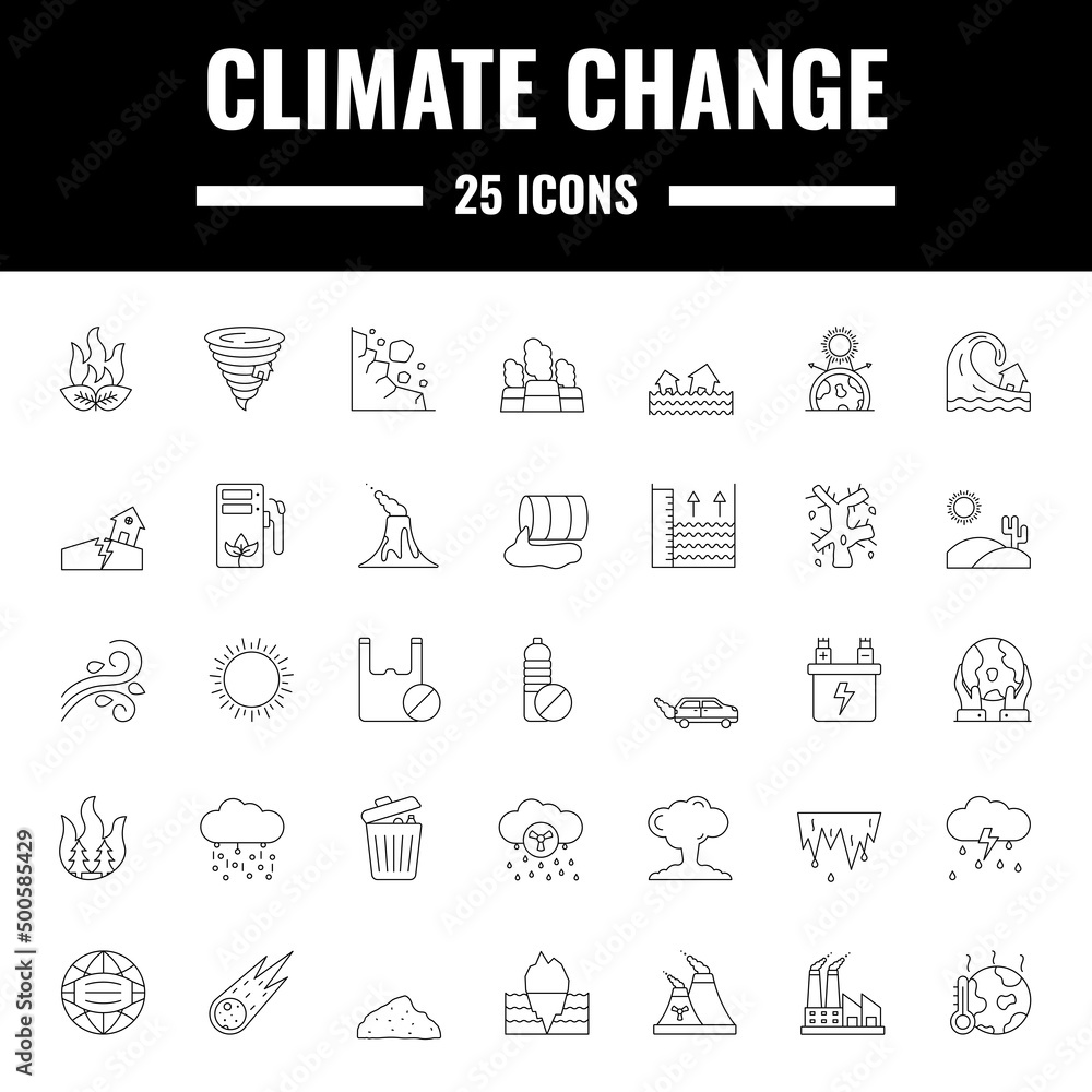 25 Climate Change Black Outline Icon Set.