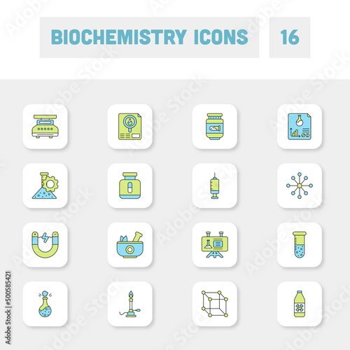 Flat Style Biochemistry Green And Blue Icon Set On White Square Background.