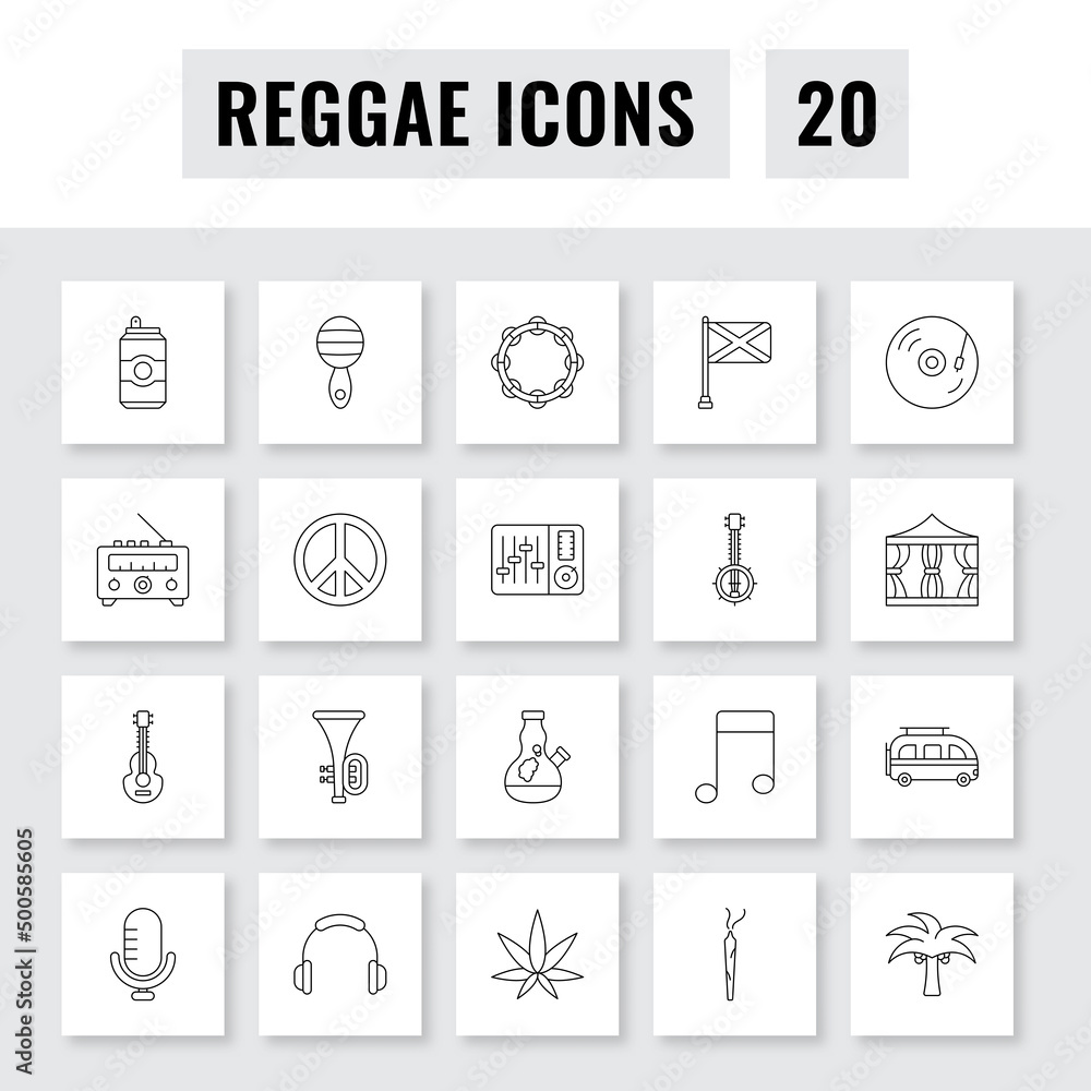 Black Outline Illustration Of 20 Reggae Square Icon Set.