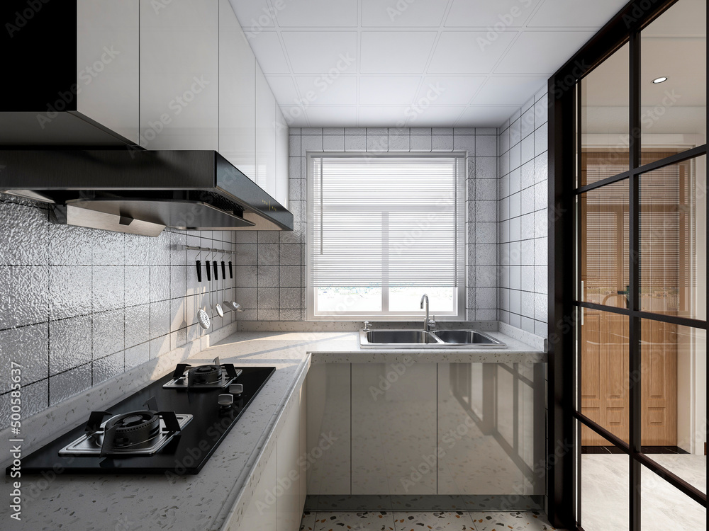 3D rendering,Modern family kitchen design, new cabinets and kitchenware with refrigerators 3D rendering,Modern family kitchen design, new cabinets and kitchenware with refrigerators