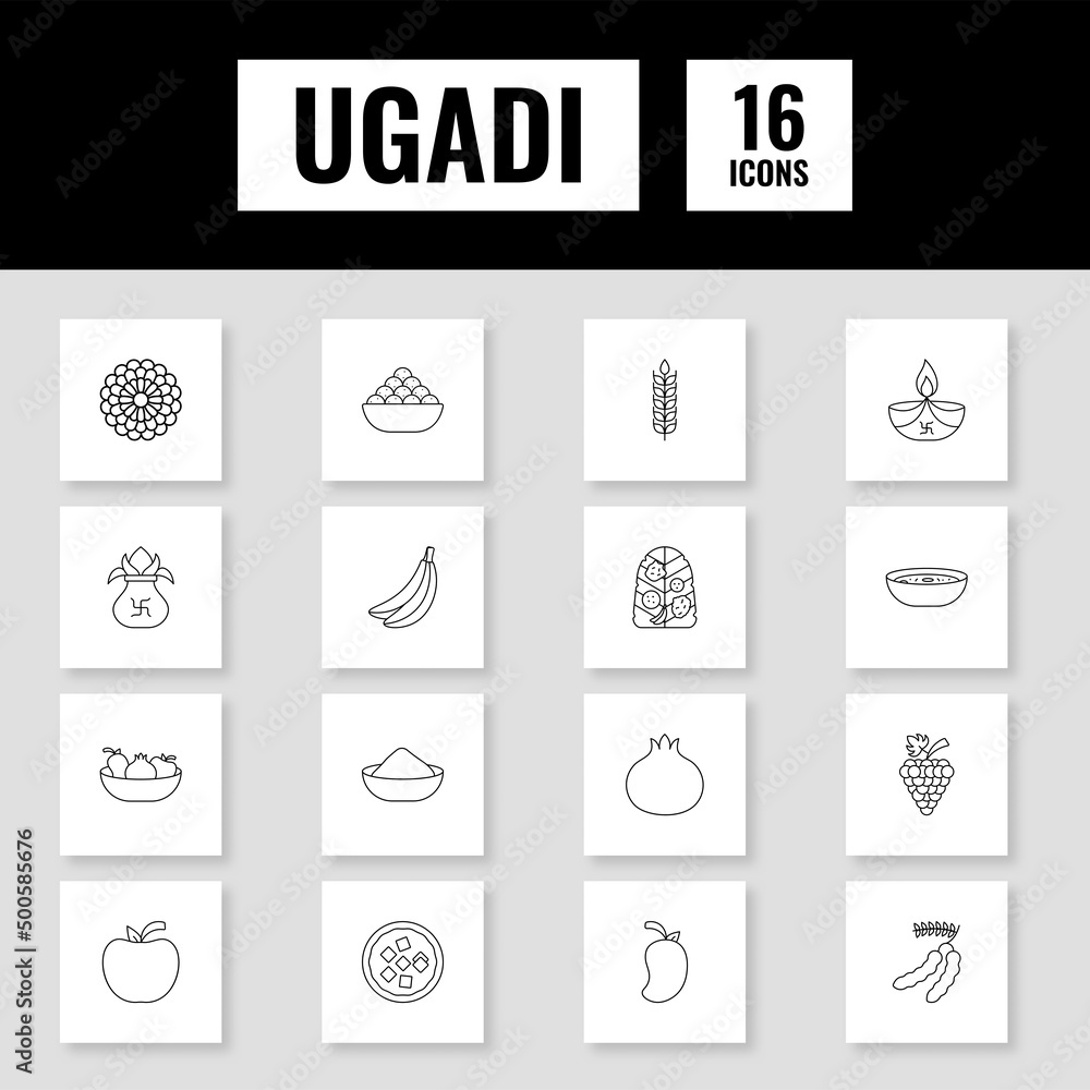 Black Linear Style Ugadi Festival Sqaure Icon Set.