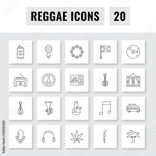 Black Outline Illustration Of 20 Reggae Square Icon Set.