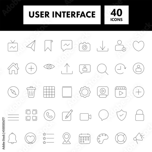 40 User Interface Black Stroke Icon Or Symbol Set.