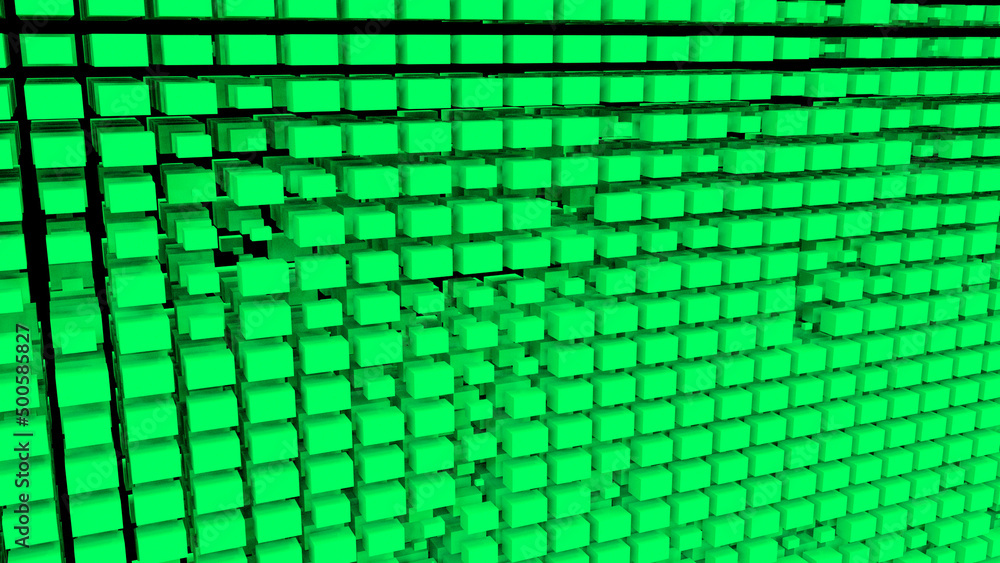 Green abstraction with a large number of rectangular cubes. Abstract background with green cubes. 3D rendering. 3D image. 3D illustration.
Green abstraction with a large number of rectangular cubes. Abstract background with green cubes. 3D rendering. 3D image. 3D illustration.