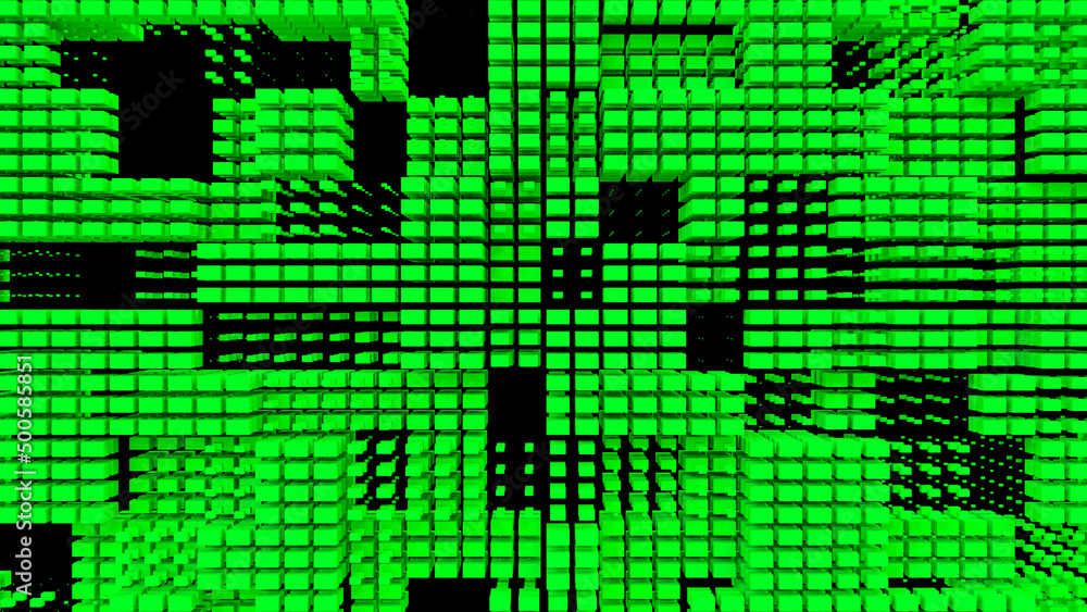 Green abstraction with lots of cubes. Abstract background with green cubes on a black background. 3D image. 3D rendering. 3D illustration. Green abstraction with lots of cubes. Abstract background with green cubes on a black background. 3D image. 3D rendering. 3D illustration.