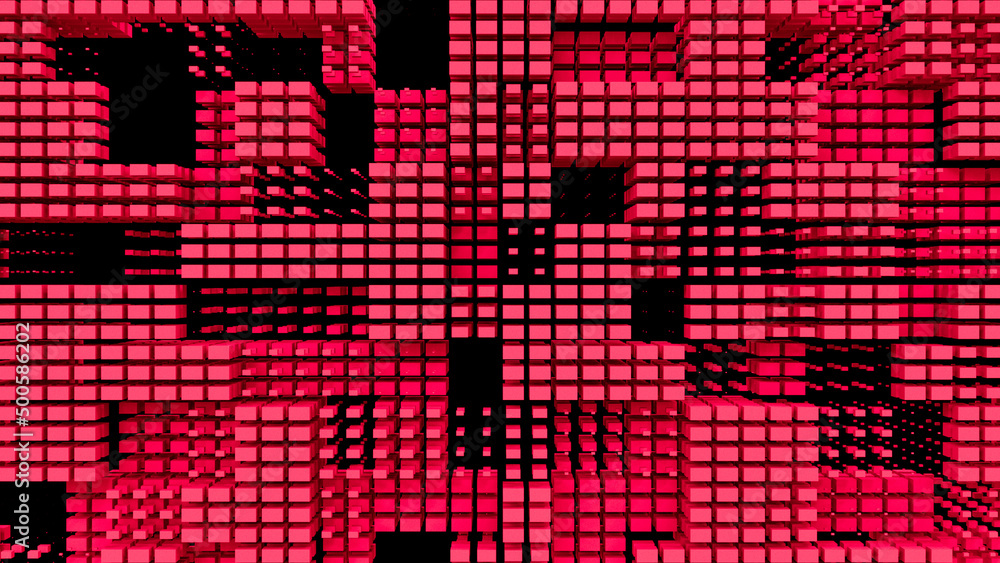 Red abstraction with lots of cubes. Abstract background with red cubes on a black background. 3D image. 3D illustration. 3D rendering.

