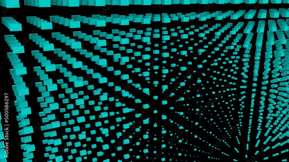 Fototapeta premium Turquoise abstraction with a lot of small rectangular cubes. Abstract background with turquoise cubes on a black background. 3D image. 3D illustration. 3D rendering. 