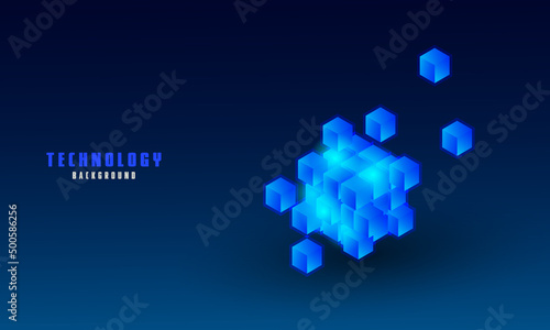Vector realistic 3d cubes with blue glowing on dark blue background.