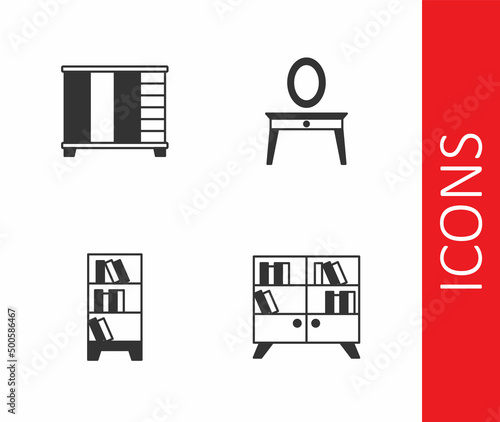 Set Library bookshelf, Wardrobe, and Dressing table icon. Vector