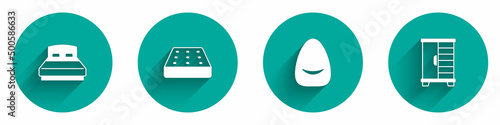 Set Big bed, Mattress, Pouf and Wardrobe icon with long shadow. Vector