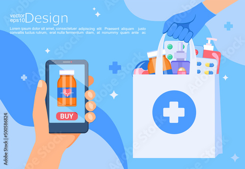 Hand with phone for online order of medicines.Bag with pills,bottles,antibiotics.Online pharmacy with home delivery service-drugs, prescription medicines order.Vector for web,banners,flyers.