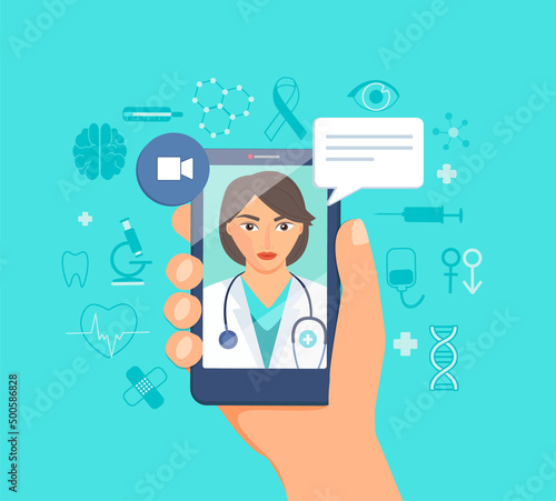 Telemedicine, online doctor, consultation with a doctor online using a smartphone app to professional medical opinion. Medical and healthcare service online for Patients. Vector illustration.