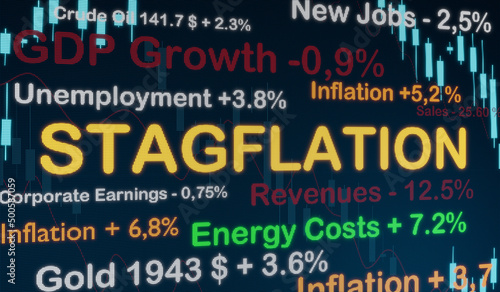 Stagflation concerns - Stagnant economy, unemployment, high energy prices and rising inflation. Surround by charts, graphs, economic datas. Economy, stagflation and recession concept. 3D illustration photo