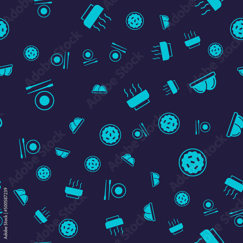 Set Food chopsticks with plate, Sushi, Ramen soup bowl and Homemade pie on seamless pattern. Vector