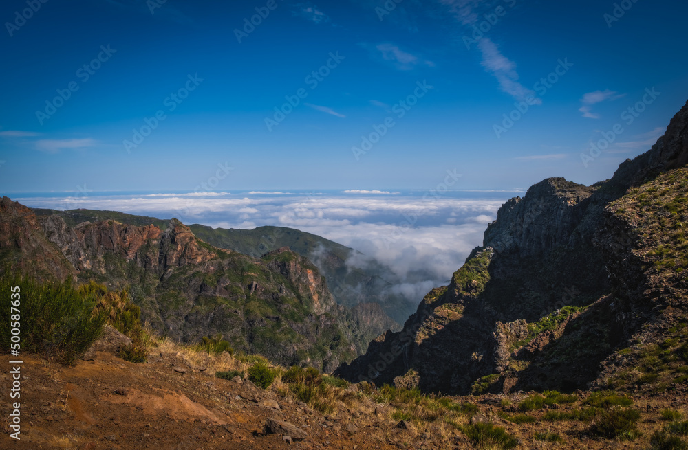 Mountain trail Pico do Arieiro, Madeira Island, Portugal. October 2021
