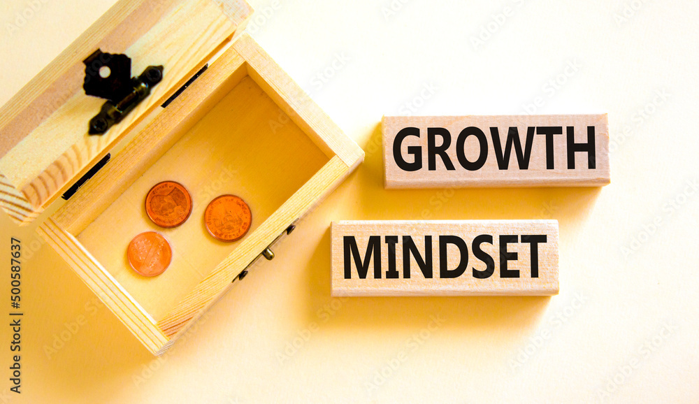 Growth mindset symbol. Wooden blocks with concept words Growth mindset on beautiful white background. Wooden chest with coins. Business growth mindset concept. Copy space. Growth mindset symbol. Wooden blocks with concept words Growth mindset on beautiful white background. Wooden chest with coins. Business growth mindset concept. Copy space.