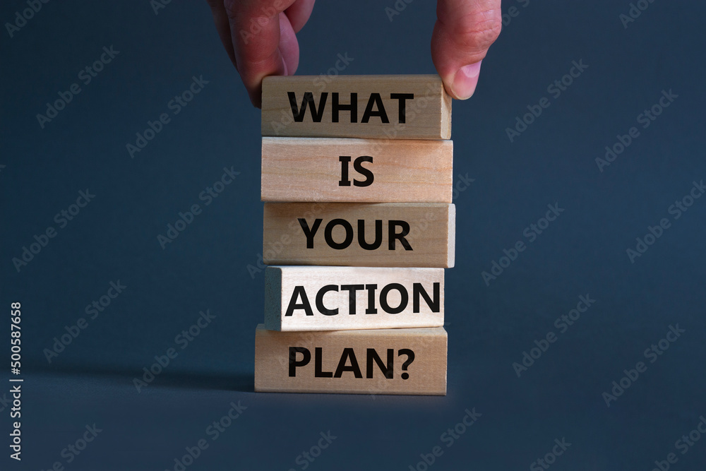 Action plan symbol. Concept words What is your action plan on wooden blocks. Businessman hand. Beautiful orange table orange background. Business What is your action plan concept. Copy space. - obrazy, fototapety, plakaty 