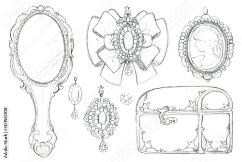 Big set of vintage graphite pencil sketches: elegant mirror, casket chest, bow pendant, cameo and diamonds on white.
