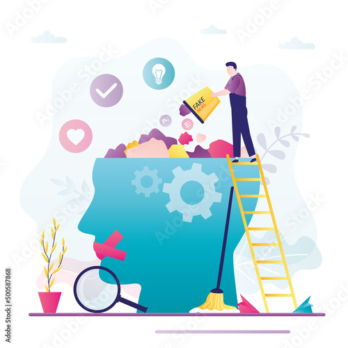 Propagandist litters human brain with fake news. Worker throwing garbage on head. Spreading misinformation in mass media