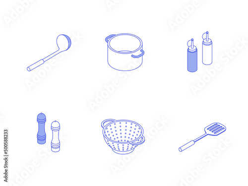 Kitchen utensils, tools set. Isometric vector illustration in flat design. Outline, linear style, line art. Meal preparation.