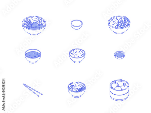 Food set - vegetables, greens, dairy, meat, fruit, fish, drink, meal, dish. Isometric vector illustration in flat design. Outline, linear style, line art. Meal preparation.