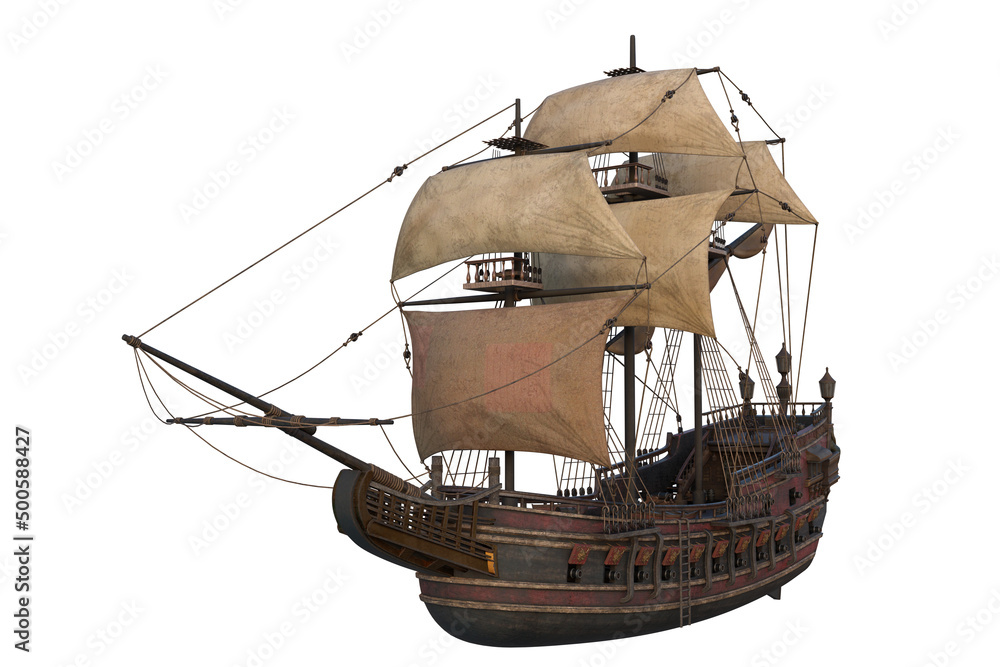 Obraz premium Old wooden pirate ship in full sail. 3D rendering isolated on white background with clipping path. Transparent PNG now available #536318024