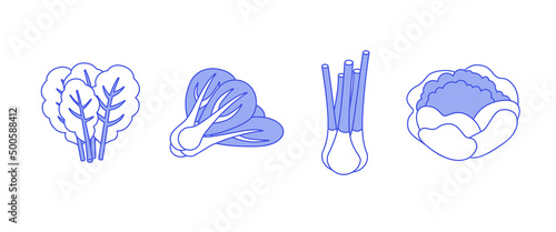 Vegetables, greens, fruits set. Isometric vector illustration in flat design. Outline, linear style, line art. Meal preparation.