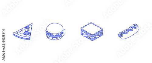 Food set - pizza, burger, sandwich, hot dog. Isometric vector illustration in flat design. Outline, linear style, line art. Meal preparation.
