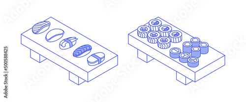 Sushi set - fish, seafood. Isometric vector illustration in flat design. Outline, linear style, line art. 
