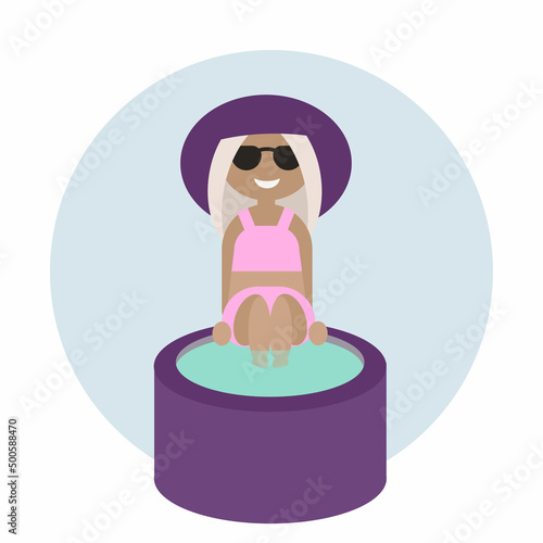 cartoon summer girl in a swimsuit and hat sunglasses
