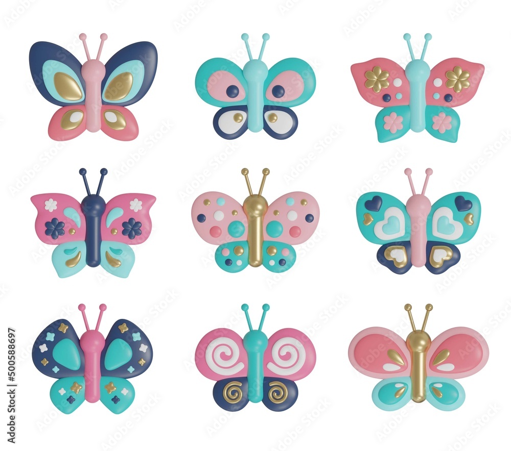 Set isolated 3d cartoon butterflies icons on white background. Golden texture and turquoise, blue, pink colors. Set isolated 3d cartoon butterflies icons on white background. Golden texture and turquoise, blue, pink colors.