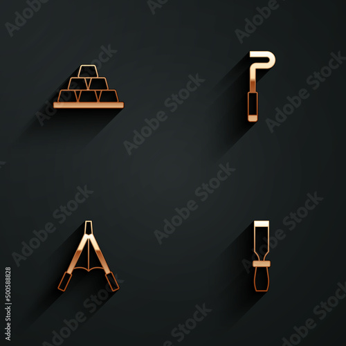 Set Gold bars, Fire poker, Air blower bellows and Rasp metal file icon with long shadow. Vector