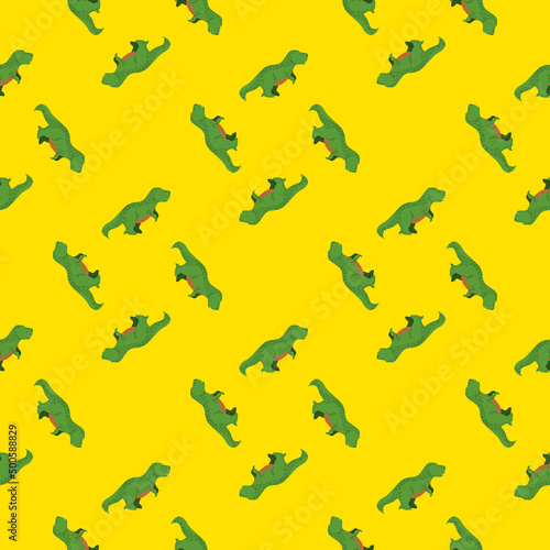 Seamless pattern cute T-Rex dino. Background of funny dinosaurs in doodle style.