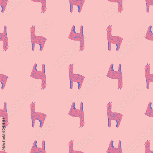 Cheerful alpaca seamless pattern. Background with funny llama in doodle style for fabric.