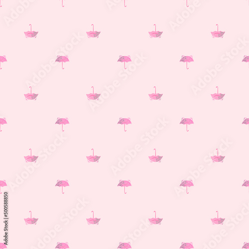 Seamless pattern cute frog umbrella. Background of funny accessory shape head toad in doodle style.