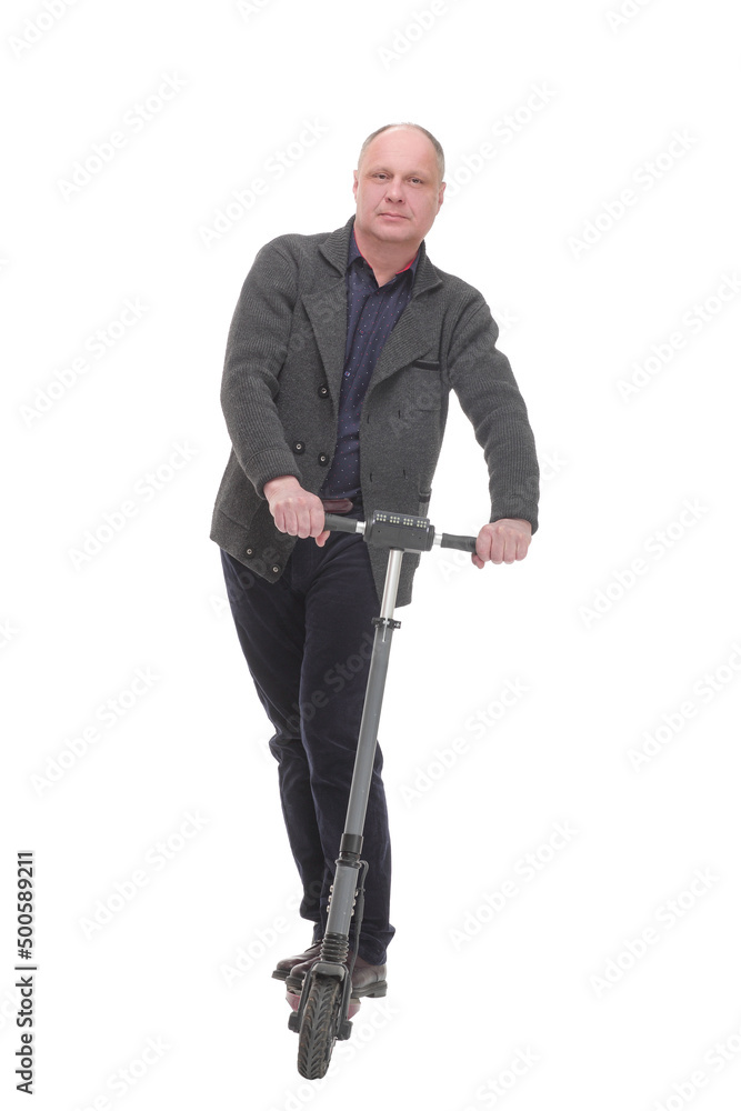 happy casual man with electric scooter .isolated on a white background. happy casual man with electric scooter .isolated on a white background.