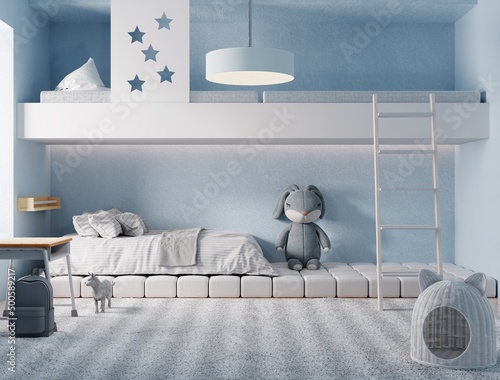 Built-in bunk bed for kids or children room in blue pastel and white tone color background. Education and Interior architecture concept. 3D illustration rendering photo
