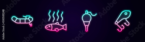Set line Inflatable boat with motor, Dead fish, Fishing float and lure. Glowing neon icon. Vector