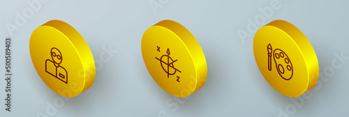Set Isometric line Teacher, Trigonometric circle and Paint brush with palette icon. Vector