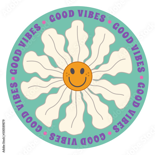 1970 Retro Smile Chamomile on Lavender Background in Round Shape. Hippie Groovy Aesthetic. Hand-Drawn Vector Illustration With Inspirational Slogan. Kids Graphic T-shirt, Cover, Sticker.