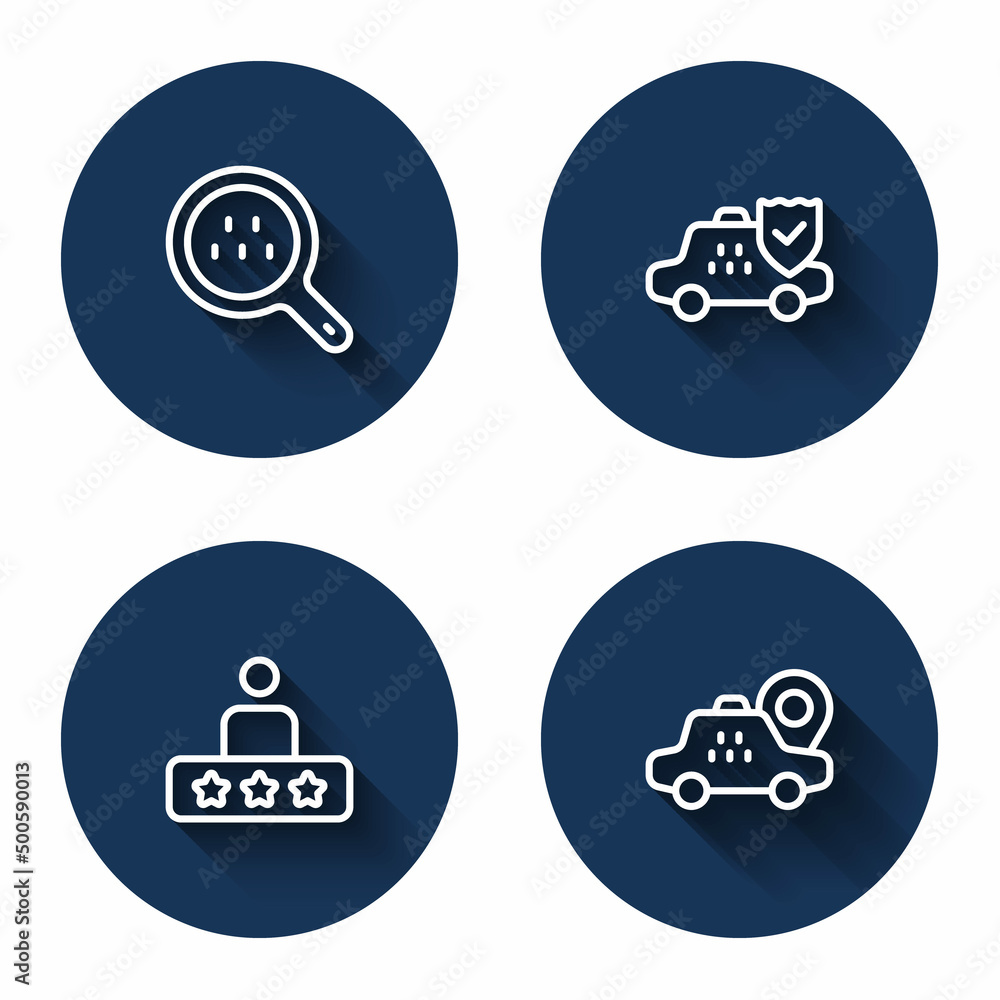 Set line Search taxi, Taxi car insurance, service rating and Location with long shadow. Blue circle button. Vector Set line Search taxi, Taxi car insurance, service rating and Location with long shadow. Blue circle button. Vector