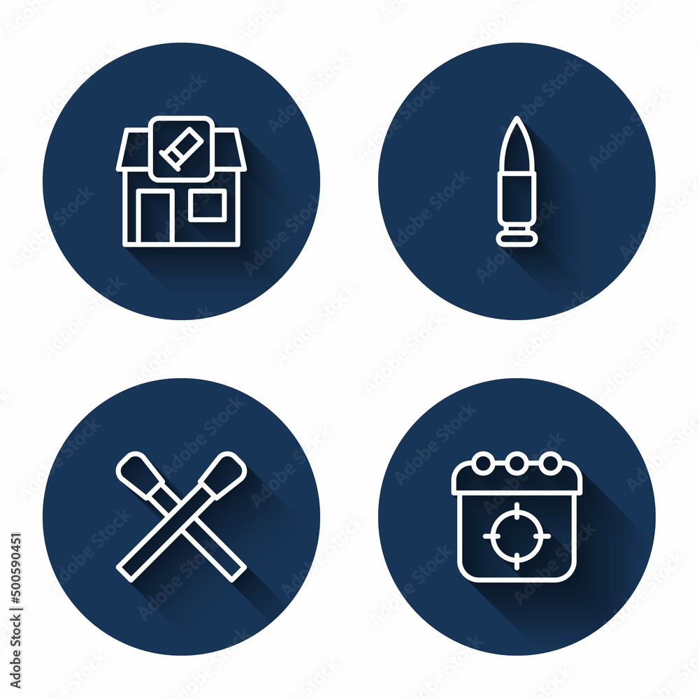 Set line Hunting shop, Bullet, Burning match with fire and Target sport with long shadow. Blue circle button. Vector Set line Hunting shop, Bullet, Burning match with fire and Target sport with long shadow. Blue circle button. Vector