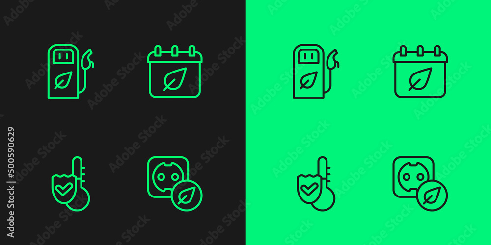 Set line Electrical outlet, Thermometer, Petrol or gas station and Calendar with autumn leaves icon. Vector Set line Electrical outlet, Thermometer, Petrol or gas station and Calendar with autumn leaves icon. Vector
