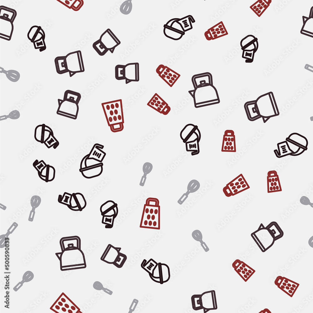 Set line Measuring cup and bowl, Kettle with handle, Kitchen whisk and Grater on seamless pattern. Vector Set line Measuring cup and bowl, Kettle with handle, Kitchen whisk and Grater on seamless pattern. Vector