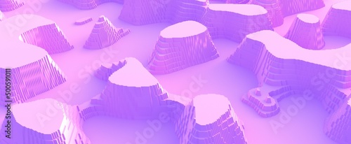 Pink mountain canyons cut out of paper. Abstract formations in gentle purple light of sunrise with 3d render of stone massifs. Marshmallow desert mountains and valleys in nature reserve photo