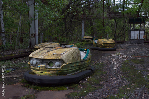 Bumper car in the former amusement park in Pripyat,Pripyat Town in Chernobyl Exclusion Zone photo