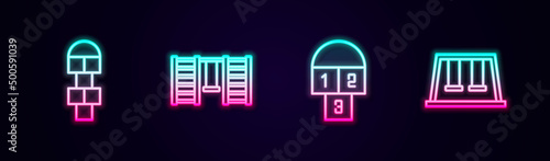 Set line Hopscotch, Swedish wall, and Swings for kids. Glowing neon icon. Vector