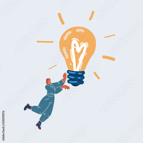 Vector illustration of Woman flying or floating in air and touching glowing light bulb. Сreativity, innovative and inspiring idea for business