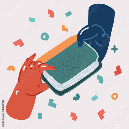 Vector illustration of Book exchange or crossing. Reading party, school literature event. Hand gives book to anothe persons. Read books lovers. College education. Bookworm, bookstore, library concept.
