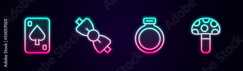Set line Playing cards, Bow tie, Magic stone ring and Psilocybin mushroom. Glowing neon icon. Vector